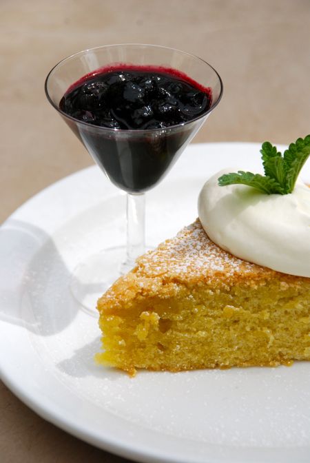 Dairy-free Golden Lemon Cake with Blueberry Sauce